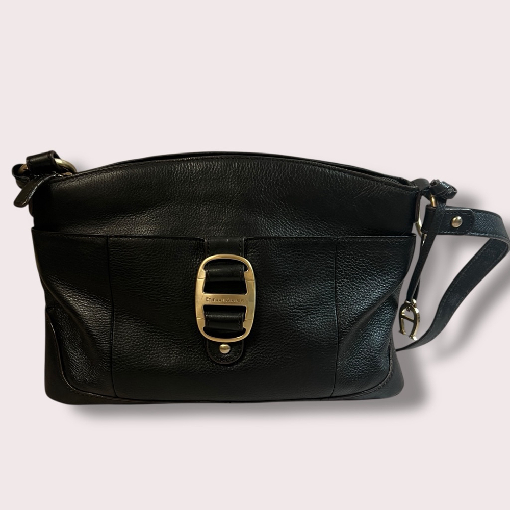 Etienne Aigner Black Pebbled Leather Shoulder Bag Purse Gold Buckle Logo Buckl